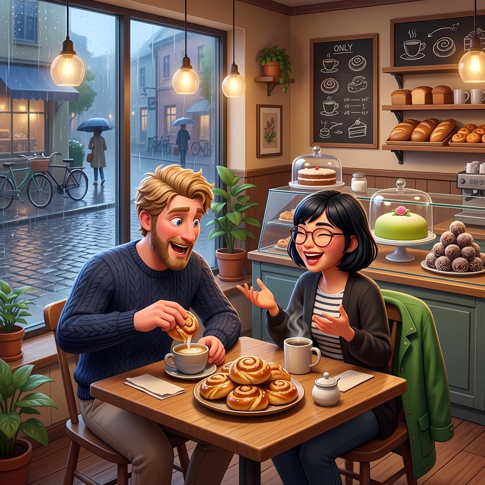 Erik och Linh skrattar över kaffe och kanelbullar en regnig dag.