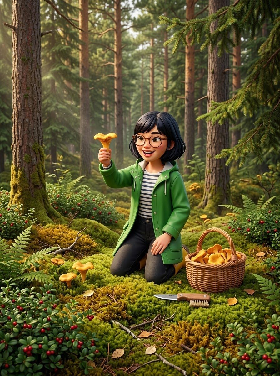 Linh hittar kantareller i en mossig höstskog.