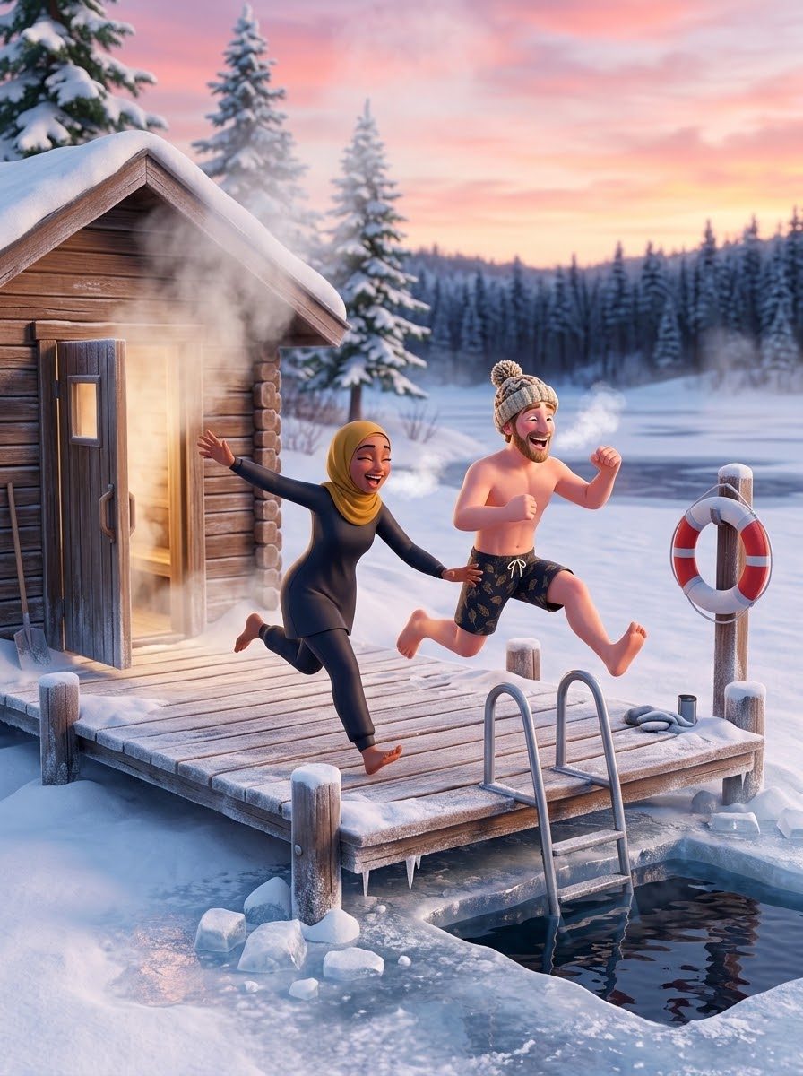 Amira och Erik springer från bastun mot en isvak i solnedgången.